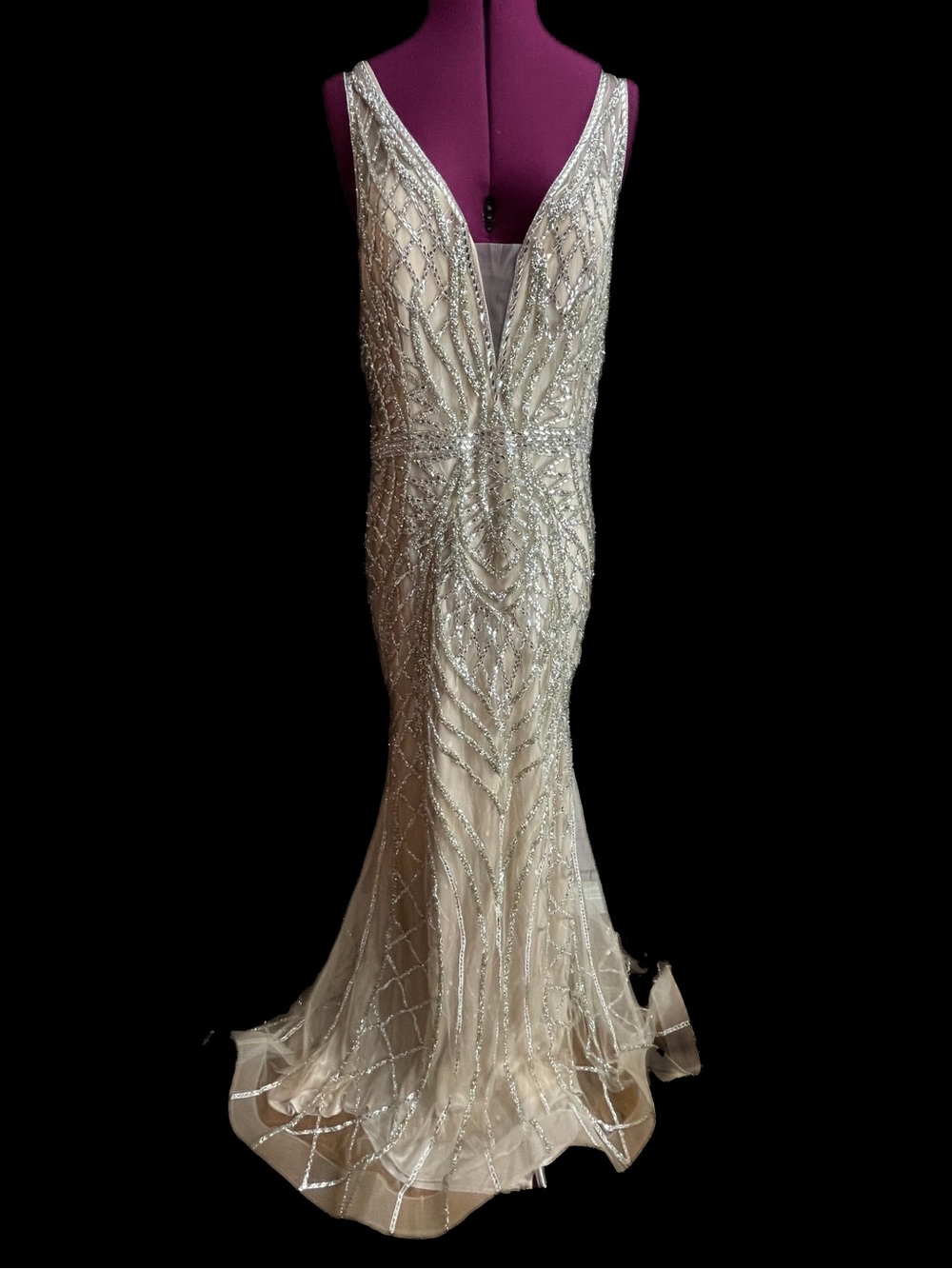 Ladivine CD935 Fitted Mermaid Gown Geometric Beaded Embellishment size 18 nude